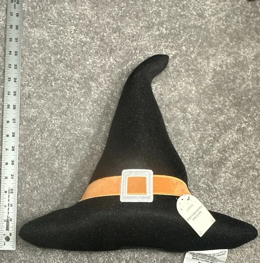 Halloween Witch Hat Decorative Pillow, Black/Orange, 14 in